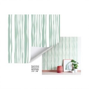 Guvana Green Wallpaper Peel and Stick Modern Sage Green and White Contact Paper Coastal Tropical Wallpaper Boho Striped Removable Waterproof Wall Paper for Bathroom Laundry Room Accent Wall