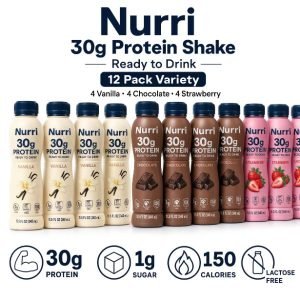 Nurri 30g Protein Shake Ready to Drink, 12 Pack Variety (4 Vanilla, 4 Chocolate, 4 Strawberry), 1g Sugar, 150 Calories, Lactose Free, Meal Replacement & Post Workout Drinkreplacement.
